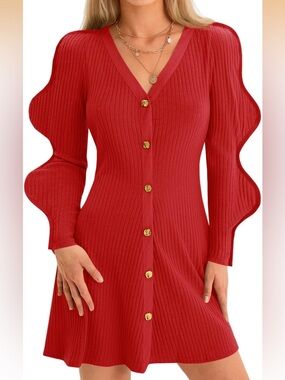 Red Ribbed V-Neck Mini Dress with Statement Sleeve